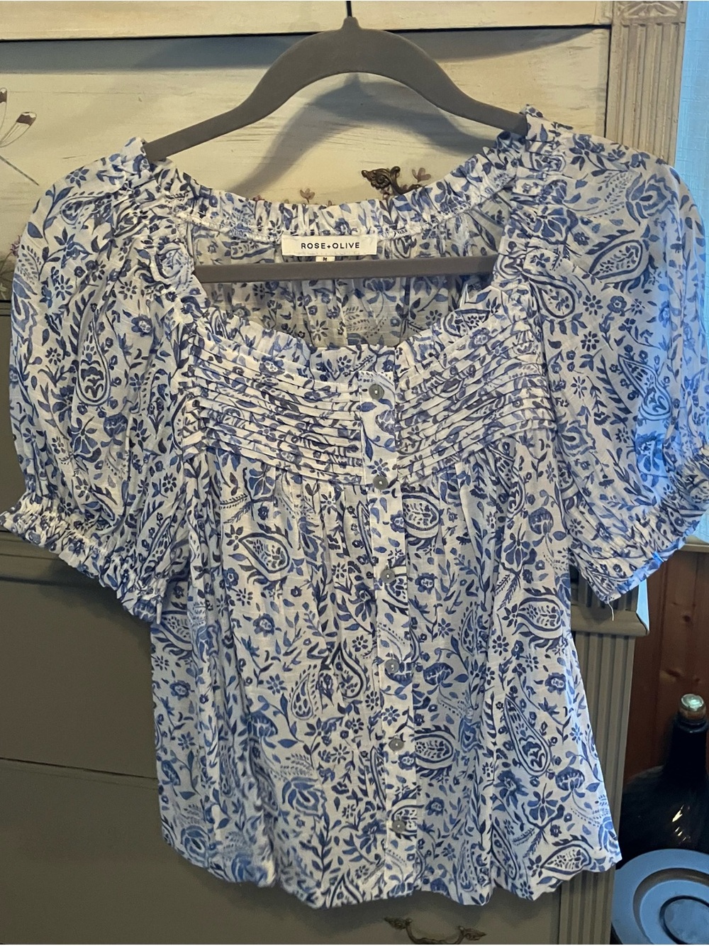 Rose & Olive White and Blue Floral Pintuck Peasant Blouse